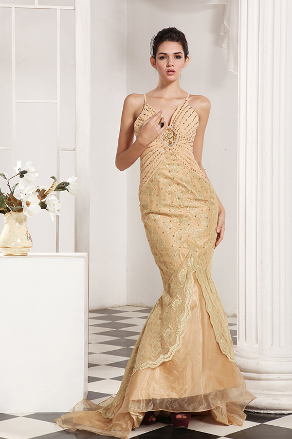 Glamorous Champagne Mermaid Evening Gown - Click Image to Close